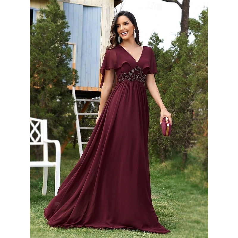 A-Line Quinceanera Dresses Elegant Dress Formal Wedding Floor Length Short Sleeve V Neck Chiffon Backless with Pleats Appliques2