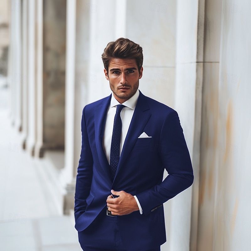 Men's Wedding Business Suits Notch Lapel Grape Royal Blue Formal WorkWear Solid Colored Standard Fit 2 Piece Single Breasted One-button3