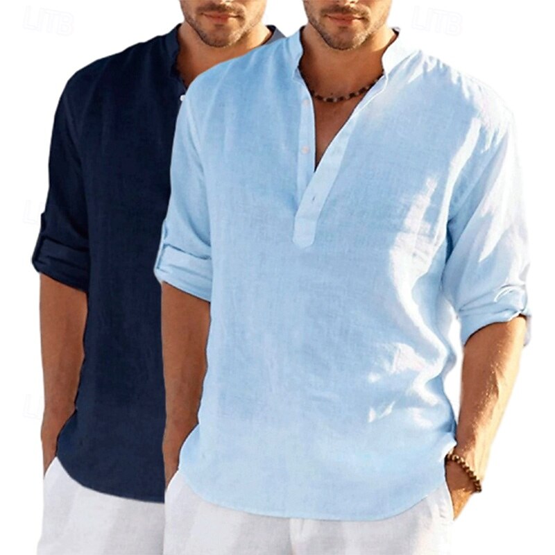 Men's Shirt Linen Shirt Band Collar Shirt Popover Shirt Summer Shirt Beach Wear Solid Color Vacation Casual White+khaki Blue+Dark Grey Navy Blue+Grey Blue+Navy Blue Long Sleeve Henley Summer Spring2