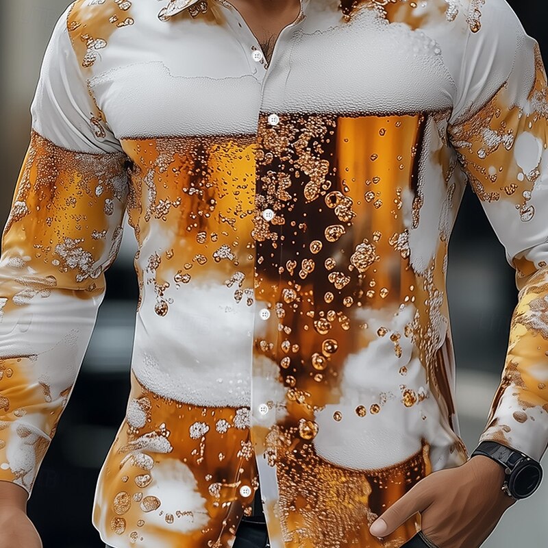 Men's Optical Illusion Oktoberfest Beer Shirt Button Down Shirt Hawaiian Shirts Long Sleeve Hawaiian Outdoor Vacation Holiday Summer Spring Turndown 3D Print Collared Shirts Yellow Brown2