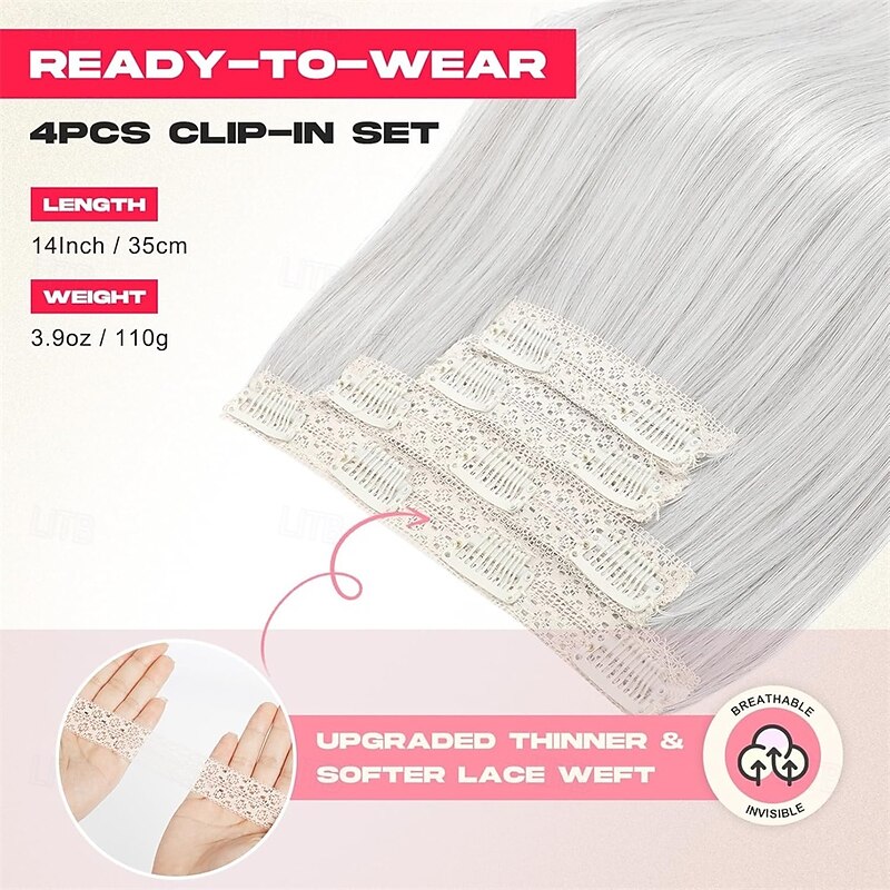 Hair Extensions 14 Short Clip in Hair Extensions 4PCS Straight Natural Soft Synthetic Hairpiece for Women - Silver Grey2