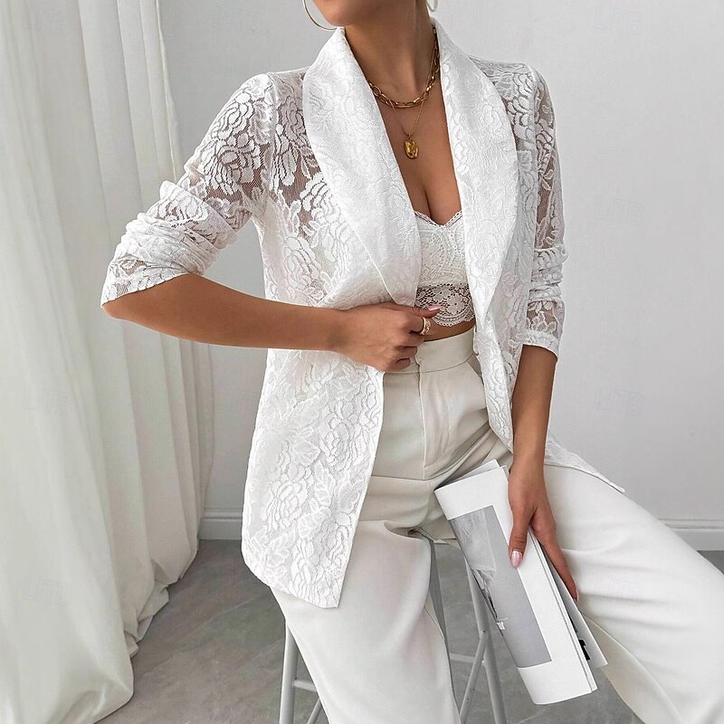 Women's Blazer Breathable Comfortable Patchwork Embroidered Fashion Casual Plain Office Street Casual Daily Wear Open Front Regular Turndown Regular Fit Long Sleeve Outerwear White Summer