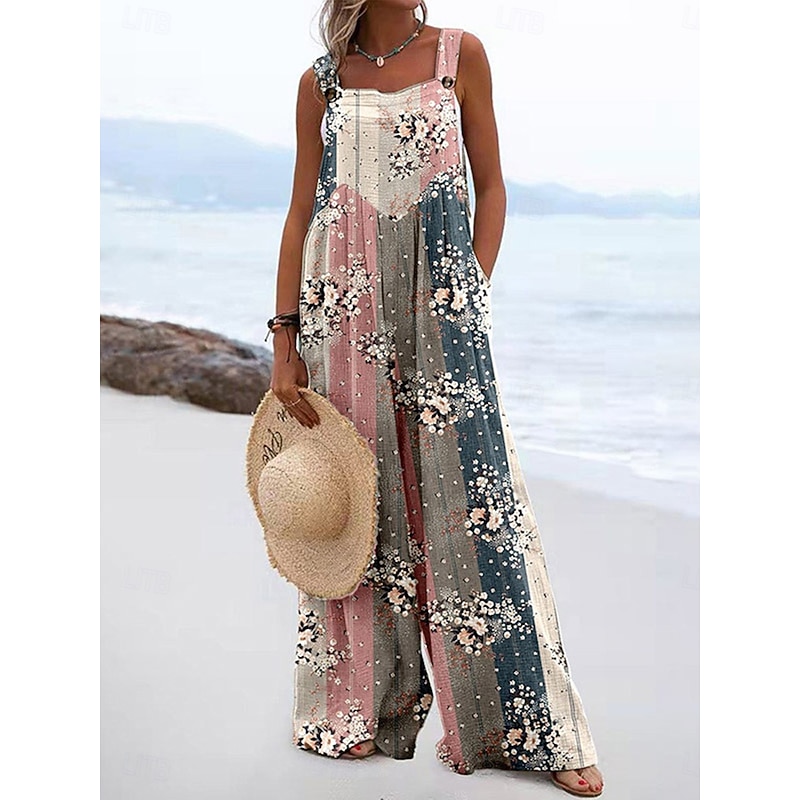 Women's Dungarees Active Floral Sleeveless Wide Leg Pocket Vacation Street Loose Fit Pink Army Green Red Summer