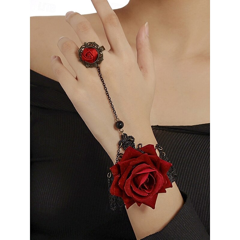 Women's Gothic Rose Bracelet and Ring Set, Red Fabric Flower with Black Lace and Chain, Perfect for Halloween Party, Cosplay, and Vintage Gothic Outfits3
