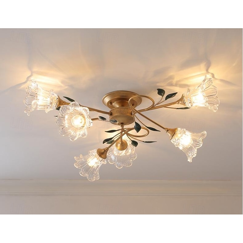 6/8/10-Light Floral Ceiling Light, Vintage Tulip Flower Semi-Flush Mount Ceiling Lamp, Gold Metal Branch with Frosted Glass Shades for Living Room, Bedroom - Main Image