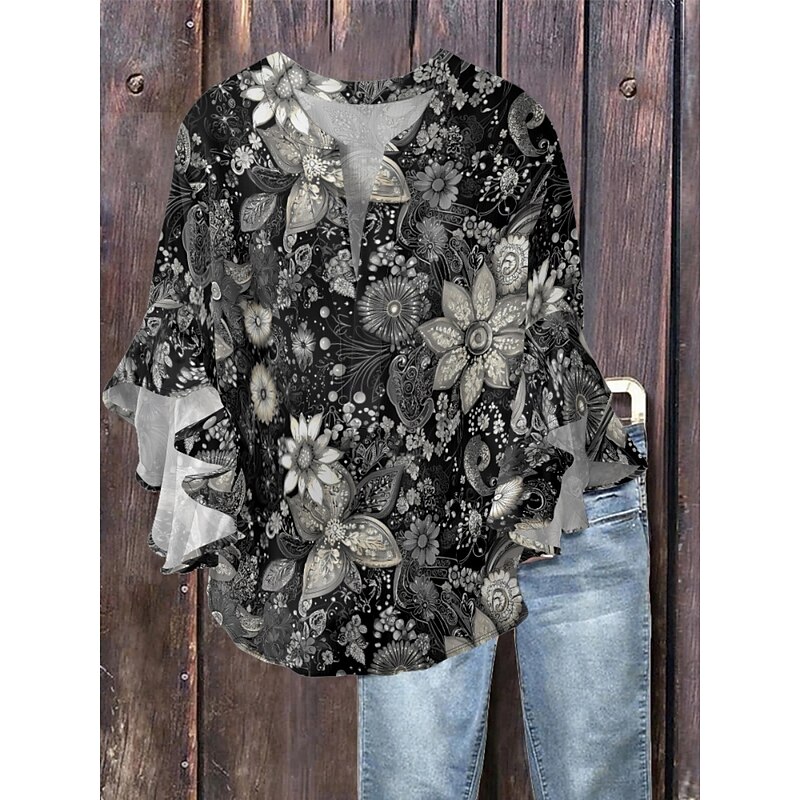 Women's Blouse Paisley Retro Vintage Ethnic 3/4 Length Sleeve V Neck Regular Tops Daily Holiday Ruffle Print Black Wine Purple Summer3