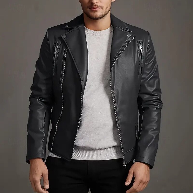 Men's Faux Leather Jacket Biker Jacket Motorcycle Jacket Vacation Daily Windproof Warm Pocket Fall Winter Plain Fashion Classic Lapel Regular Black Wine Royal Blue Brown Jacket2