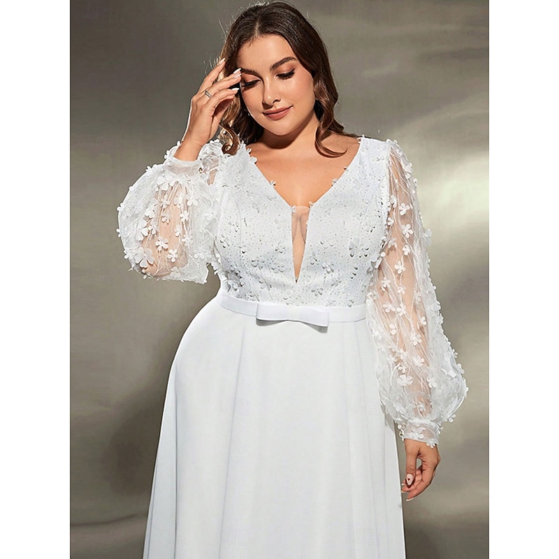 A-Line Evening Gown Elegant Dress Formal Wedding Sweep / Brush Train Long Sleeve V Neck Chiffon with Pleats3