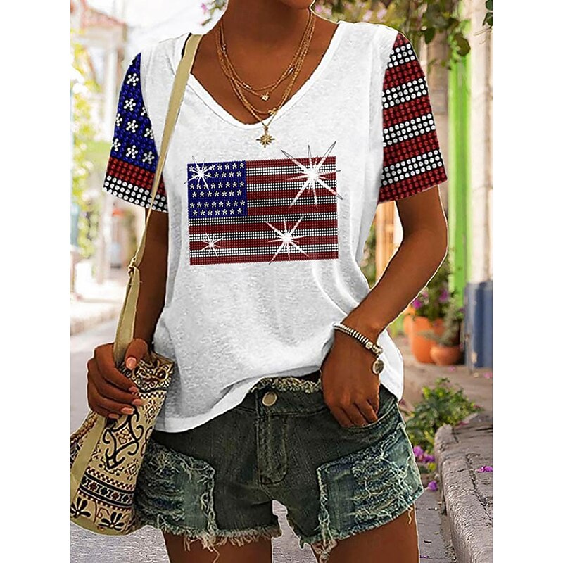Women's Patriotic  T Shirt Graphic Flag Vintage Stylish Casual Short Sleeve V Neck Regular Tops Daily Print Black White Gray Summer Spring2