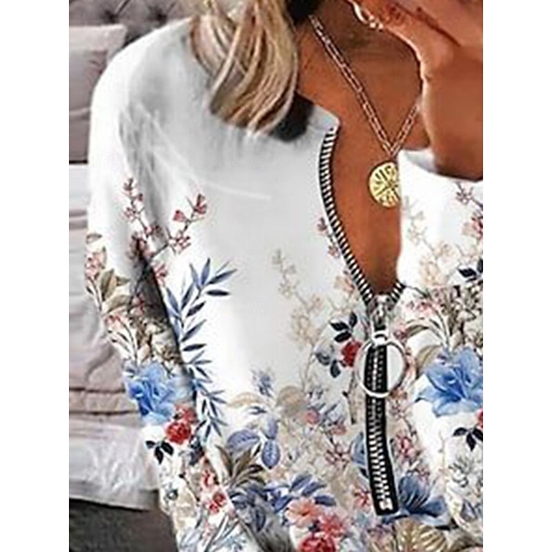 Women's Blouse Floral Daily Stylish Long Sleeve Crew Neck Regular Tops Daily Going out Print Quarter Zip White Spring Fall2
