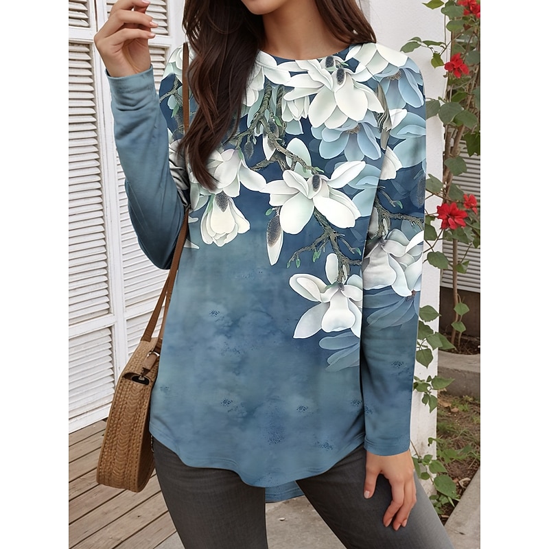 Women's T Shirt Floral Graphic Plants Vintage Fashion Casual Long Sleeve Crew Neck Long Tops Daily Weekend Print Red Blue Purple Green Spring, Fall, Winter, Summer