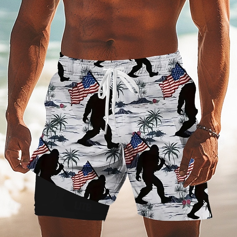 Independence Day Men's US Flag Patriotic Tropical Plants Lined Shorts 2 in 1 Board Shorts Swim Trunks Mid Waist Holiday Side Pockets With Compression Liner Elastic Drawstring Waist Designer Clothing
