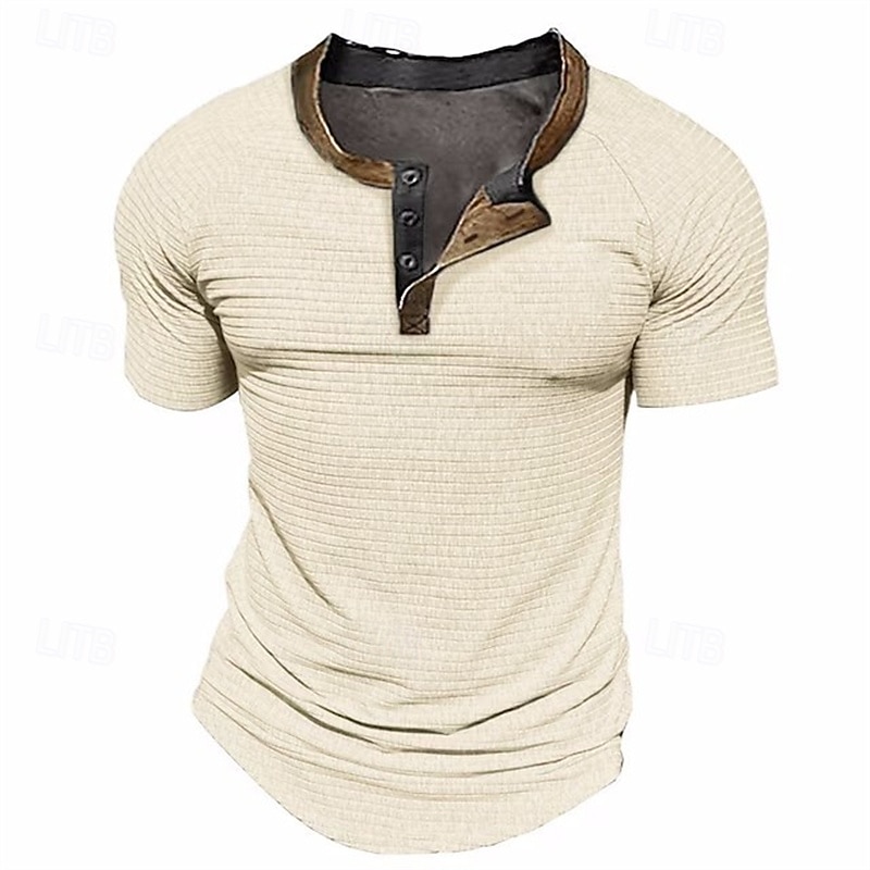 Men's T Shirt Waffle Henley Shirt Henley Shirt Tee Short Sleeve Henley Summer Solid Color Fashion Designer Basic Buttons Vacation Street Going out Black Navy Blue Beige Top Tee for Men