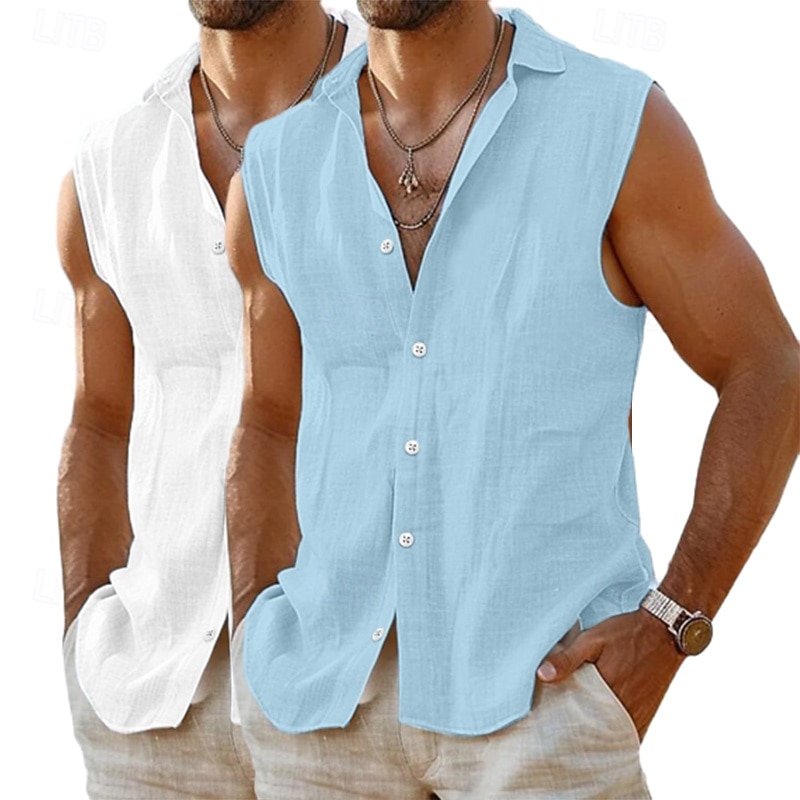 Men's Shirt Linen Shirt Summer Shirt Beach Wear Button Up Shirt Sleeveless Shirt Plain Vacation Curise White+Pink Pink+Blue White+White White+Blue Sleeveless Collar Summer Spring Clothing Apparel2