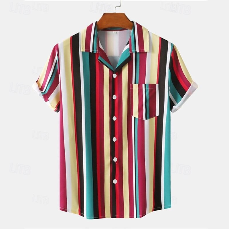 Men's Shirt Summer Shirt Casual Shirt Beach Shirt Button Up Shirt Pink Red Blue Coffee Short Sleeve Stripes Lapel Vacation Hawaiian Clothing Apparel Polyester Fashion Casual Comfortable3