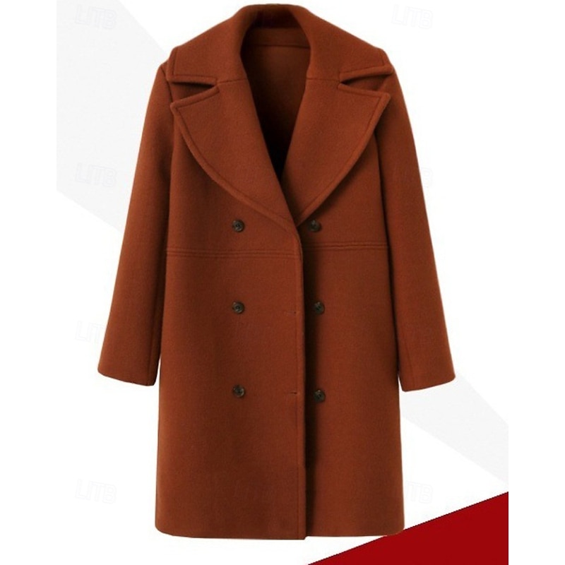 Women's Parka Warm Comfortable Buttons Pocket Fashion Plain Daily Going out Double Breasted Long Turndown Regular Fit Long Sleeve Outerwear Black Wine Khaki Fall Winter4