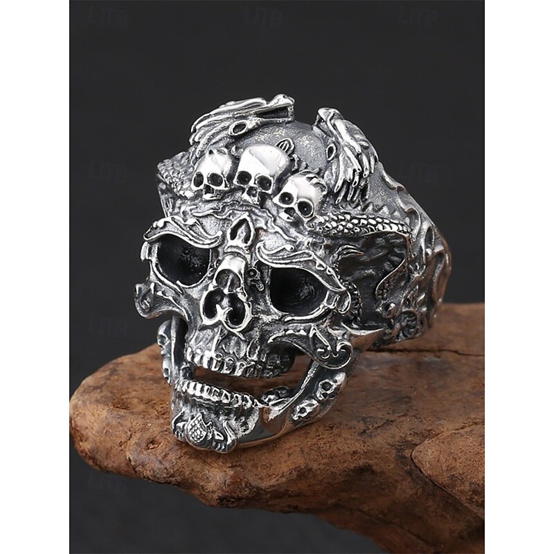 Men's Gothic Skull Ring with Red Crystals, Alloy Material, Vintage Design for Halloween Parties, Punk Style and Retro Occasion4