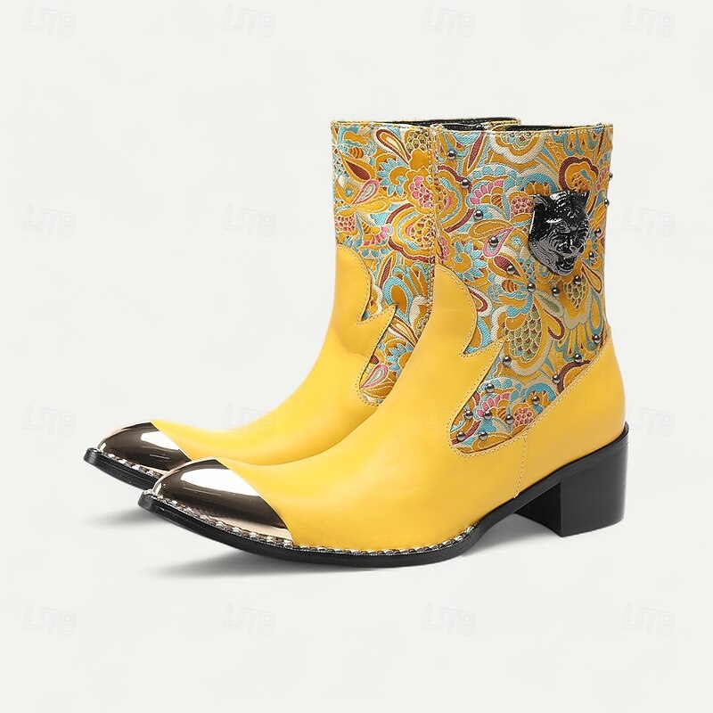 Men's Yellow Retro Biker Boots with Gold Tip Paisley Print–Premium Cowhide Leather Walking Boots for Fashionable Outdoor Adventures2