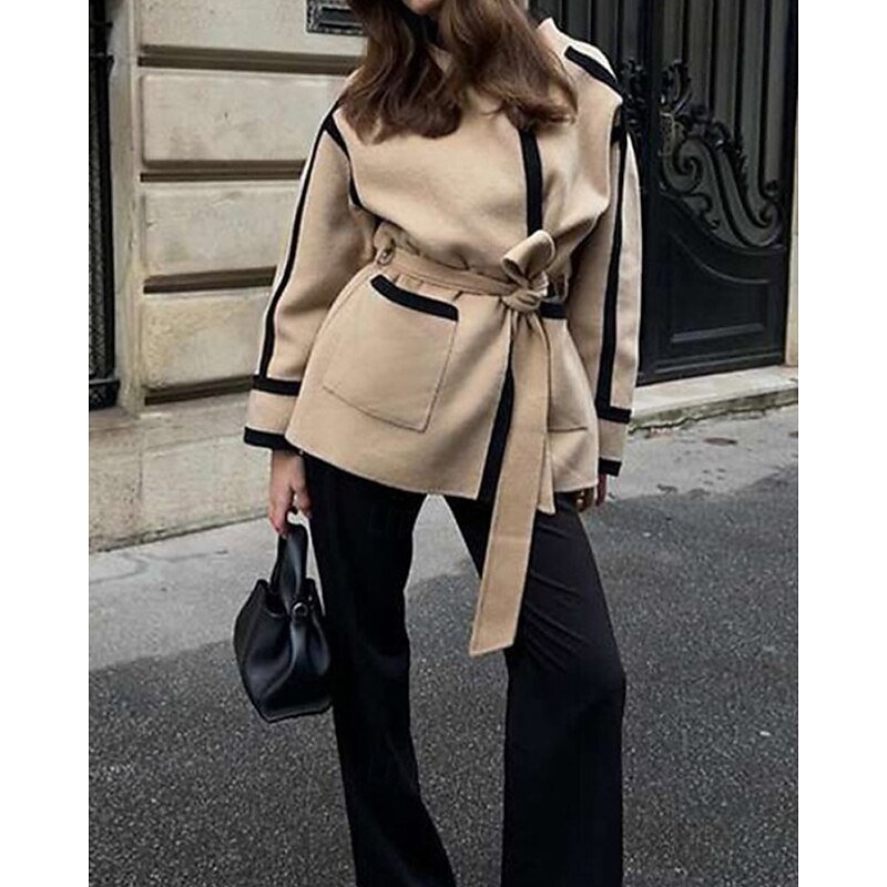 Women's Winter Coat Warm Comfortable Lace up Pocket Fashion Outdoor Patchwork Outdoor Weekend Open Front Regular Stand Collar Regular Fit Long Sleeve Outerwear Apricot Fall Winter