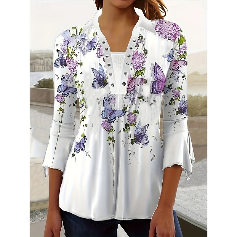 Women's Blouse Peplum Floral Graphic Vintage Casual 3/4 Length Sleeve Shirt Collar Regular Tops Daily Patchwork Print Black White Blue Purple Summer Spring2