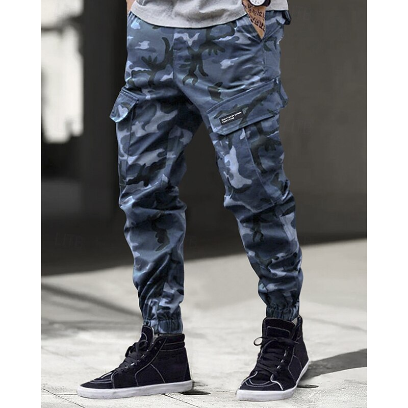 Men's Cargo Pants Trousers Camo Pants Elastic Waist Drawstring Multi Pocket Camouflage Wearable Outdoor Daily Camping & Hiking Fashion Classic Blue Green
