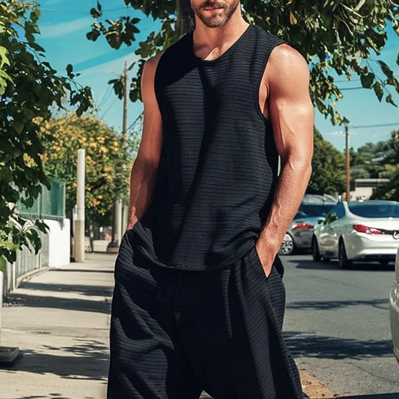 Men's Vest Top T-shirt Suits Shirt and Pant Sets 2 Pieces Outfits Sleeveless Crewneck Summer Plain Fashion Casual 2 Piece Vacation Daily Wear Going out Black Top Tee for Men2