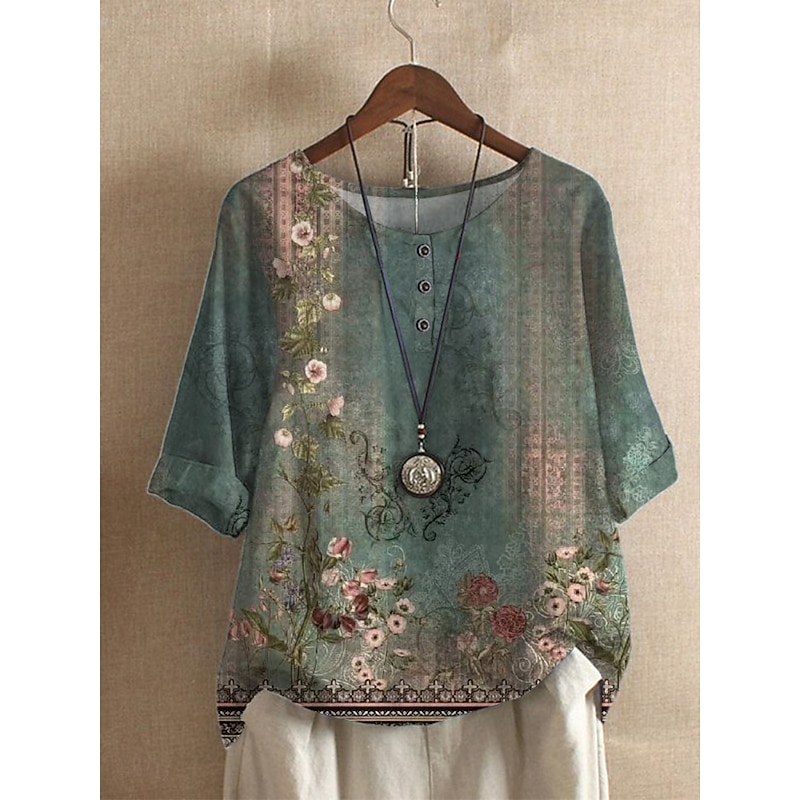 Women's  Shirts Floral Striped Basic Casual Half Sleeve Crew Neck Regular Tops Daily Print Black White Blue Sky Blue Green Summer