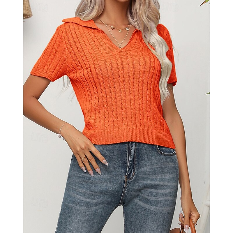 Women's Pullover Casual Solid Color Chunky V Neck Knitted Short Sleeves Regular Tops Knit Daily Holiday Going out Blue Orange Summer