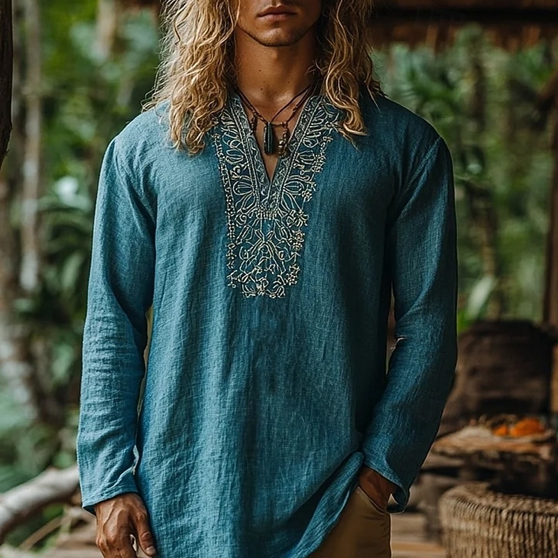 Men's Shirt Linen Shirt Popover Shirt Summer Shirt Beach Wear Geometric Vacation Street Wine Navy Blue Blue Long Sleeve V Neck Summer Spring Clothing Apparel