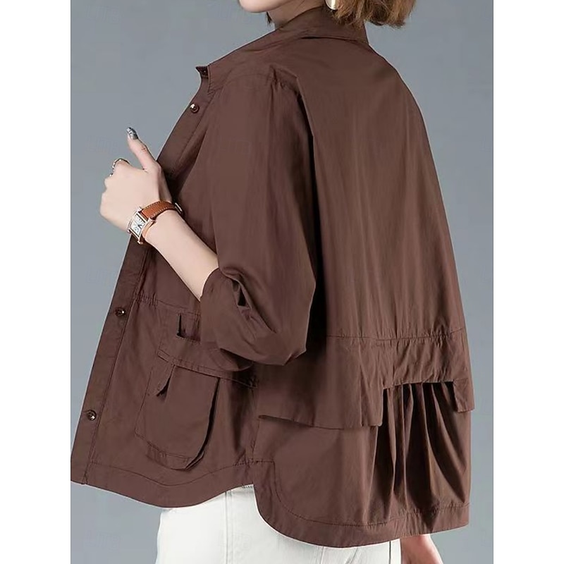 Women's Casual Jacket Comfortable Breathable Pocket Buttons Casual Plain Vacation Street Casual Daily Wear Single Breasted Short Turndown Regular Fit Long Sleeve Outerwear Black Orange Brown Summer3