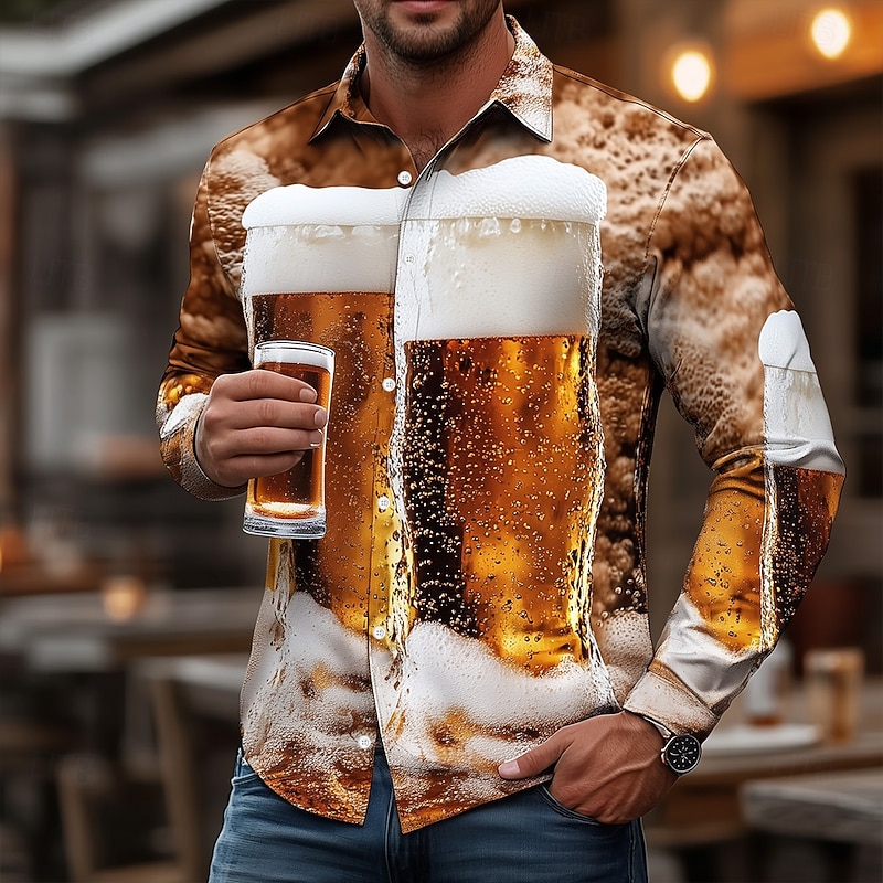 Men's Optical Illusion Oktoberfest Beer Shirt Button Down Shirt Hawaiian Shirts Long Sleeve Hawaiian Outdoor Vacation Holiday Summer Spring Turndown 3D Print Collared Shirts Yellow Brown3