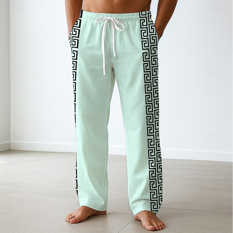 Men's Greek Key Meander Trousers Baggy Pants Casual Pants Mid Waist Ethnic Style Outdoor Vacation Drawstring Side Pockets Elastic Waist Summer Spring 3D Print White Blue Green4