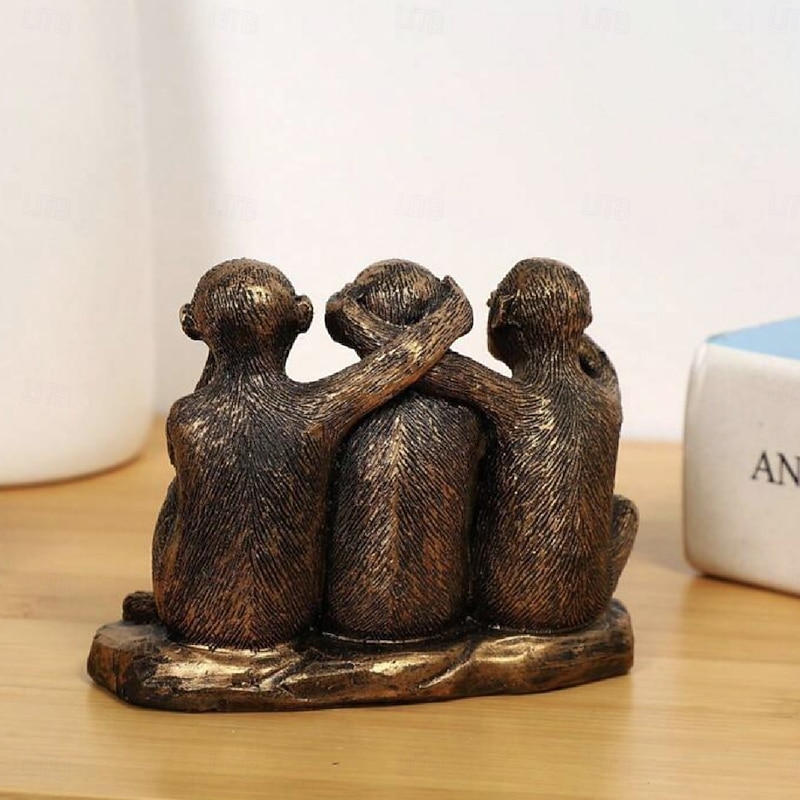 Three Wise Monkeys Resin Figurine Feng Shui Decor, See No Evil Hear No Evil Speak No Evil Statue for Home Office Table Decoration2