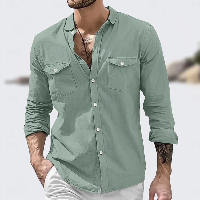 Men's Shirt Linen Shirt Summer Shirt Beach Wear Button Up Shirt Solid Color Vacation Street White Green Khaki Light Blue Long Sleeve Turndown Summer Clothing Apparel Pocket