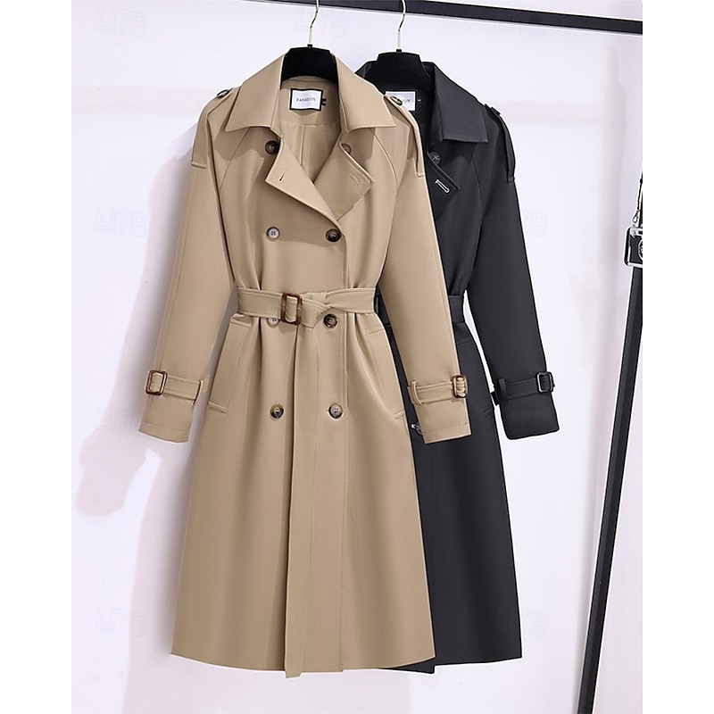 Women's Trench Coat Comfortable Buttons Pocket Fashion Modern Plain Going out Weekend Double Breasted Long Turndown Regular Fit Long Sleeve Outerwear Black Khaki Fall Winter