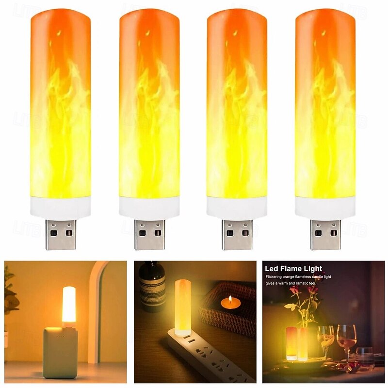 4 Pcs simulation flame lamp candle lamp dynamic flame lamp bedside mini Usb atmosphere lamp small night lamp Halloween Christmas decoration lights