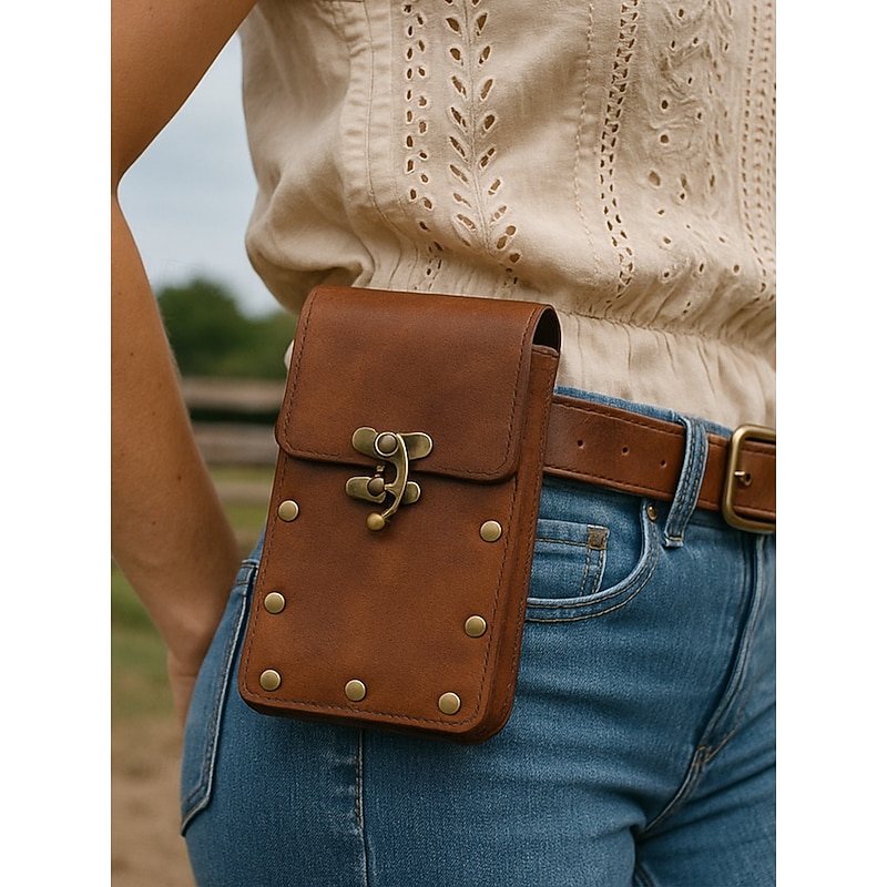 Women's Bohemian Faux Leather Western Waist Bag with Vintage Buckle, Retro Rivet Detail and Hands-Free Phone Holder, Suitable for Festivals, Travel and Daily Outdoor Wear3