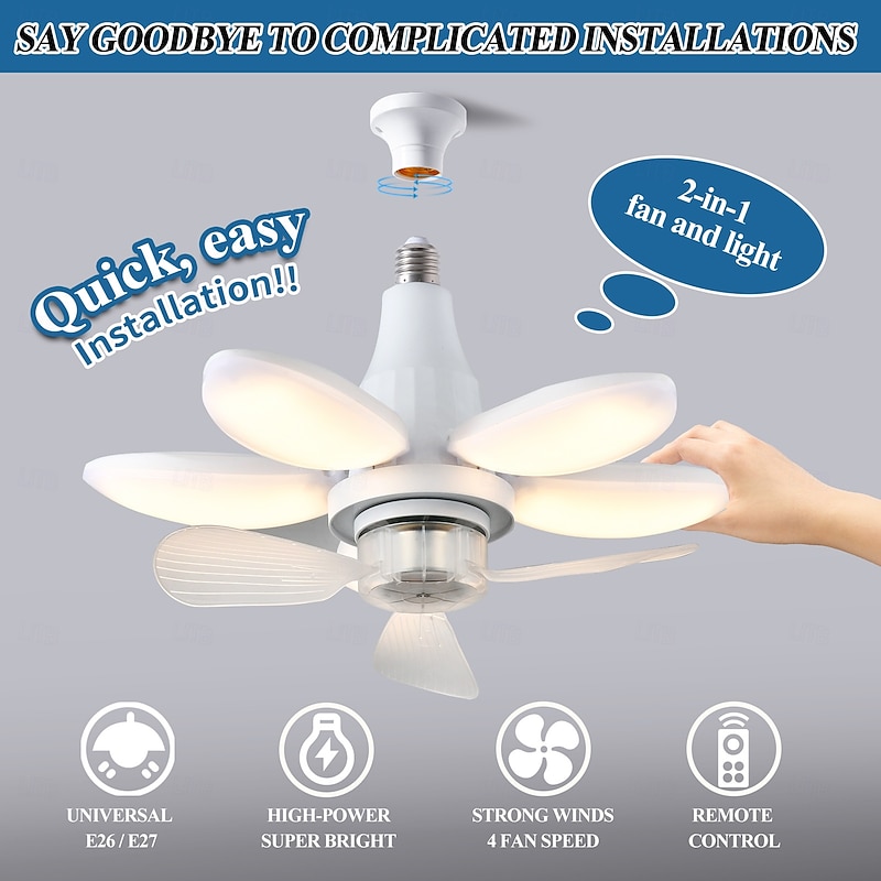 Foldable Ceiling Fan with Lights and Remote, Dimmable LED Bulb, 3000K-6500K, Easy Install for Bedroom, Living Room, Garage