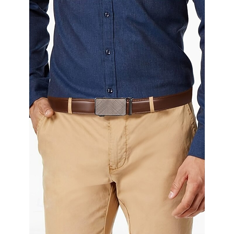 Men's Genuine Leather Ratchet Belt with Carbon Fiber Automatic Buckle, Classic Business Style Adjustable Waistband for Professionals and Formal Occasions2