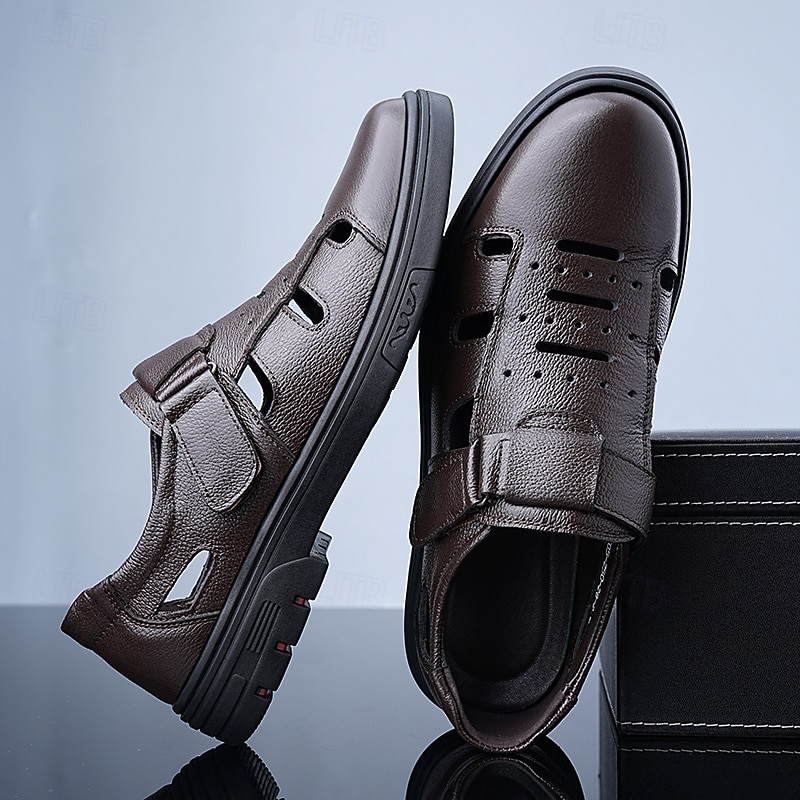 Men's Dark Brown Faux Leather Fisherman Sandals Adjustable Velcro Strap with Cushioned Sole Comfortable for Daily Wear Travel and Beach2