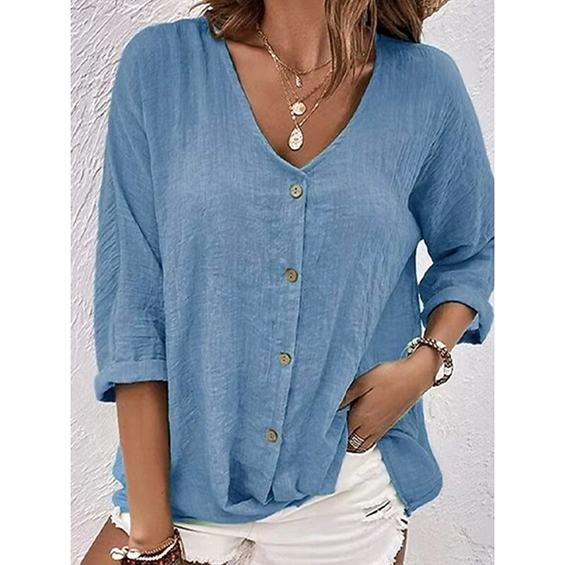 Women's Shirt Button Down Blouse Blouse Solid Color Plain Bohemia Daily Stylish 3/4 Length Sleeve V Neck Regular Tops Daily Holiday Going out Buttons Sage Green Blue Khaki Rose Pink Summer Spring2