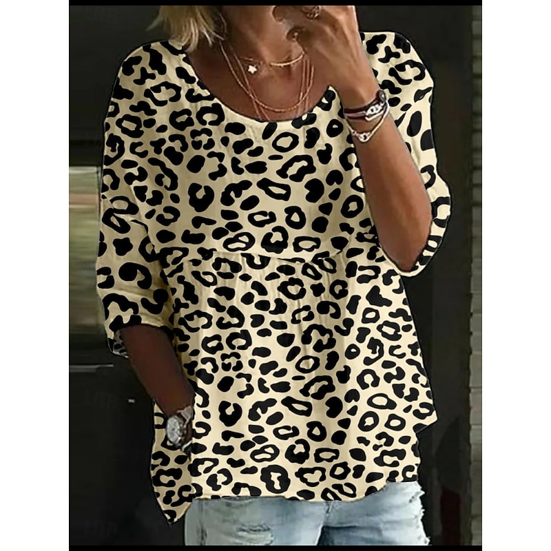 Women's Blouse Leopard Stylish 3/4 Length Sleeve Crew Neck Regular Tops Daily Holiday Print White Yellow Orange Brown Beige Summer2