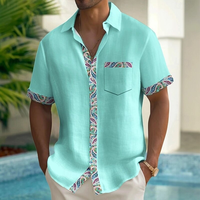 Men's Paisley Ethnic Shirt Summer Shirt Button Up Shirt Short Sleeve Fashion Casual Outdoor Vacation Dailywear Summer Spring Turndown 3D Print Collared Shirts Front One Pocket Blue