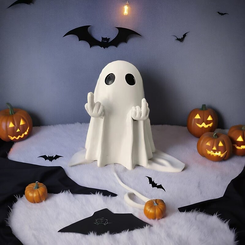 Funny Middle Finger Ghost Halloween Decor, Cute Resin Ghost Figurine with Heart Hand Sign, Spooky Tabletop Ornament for Home Party Display4
