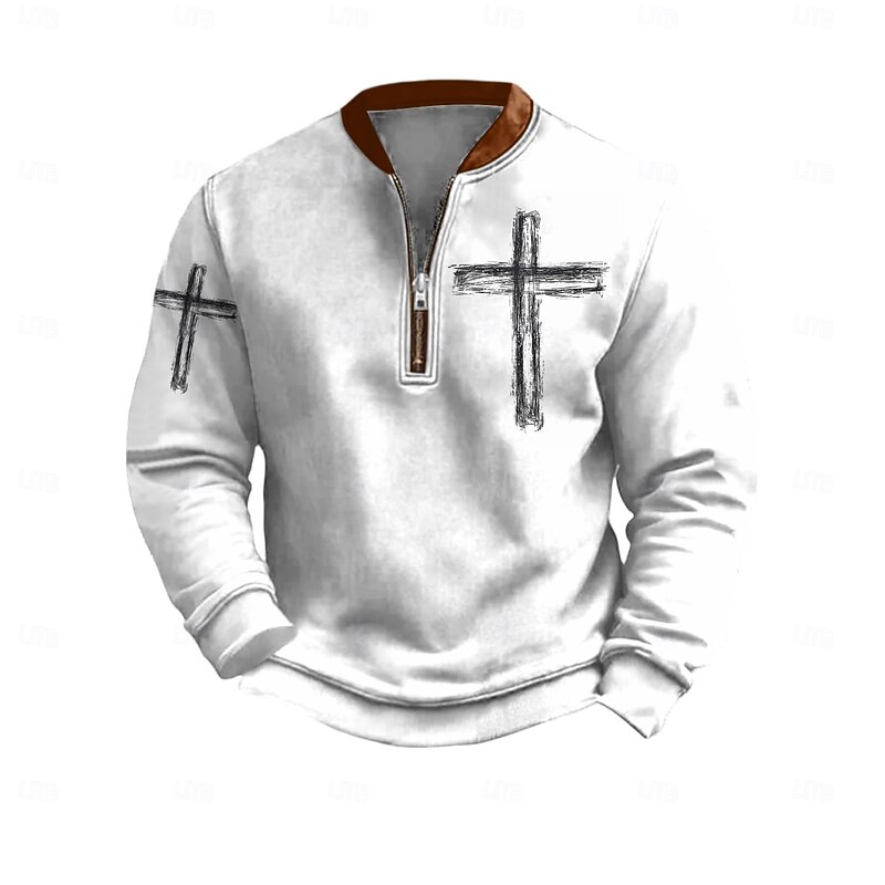 Men's Sweatshirt Quarter Zip Sweatshirt White Brown Light Grey Half Zip Color Block Cross Half Zip Print Sports & Outdoor Daily Holiday Polyester Vintage Streetwear Casual Fall & Winter Clothing3