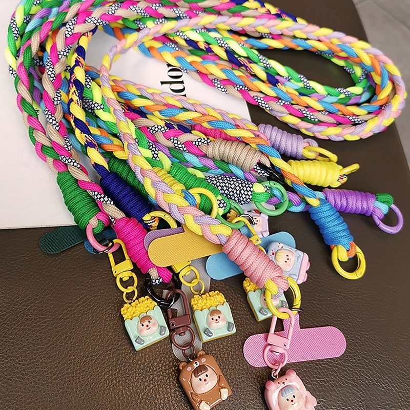 New crossbody can carry three strand ponytail mobile phone lanyard for women anti lost phone case lanyard sturdy cartoon pendant mobile phone long rope3