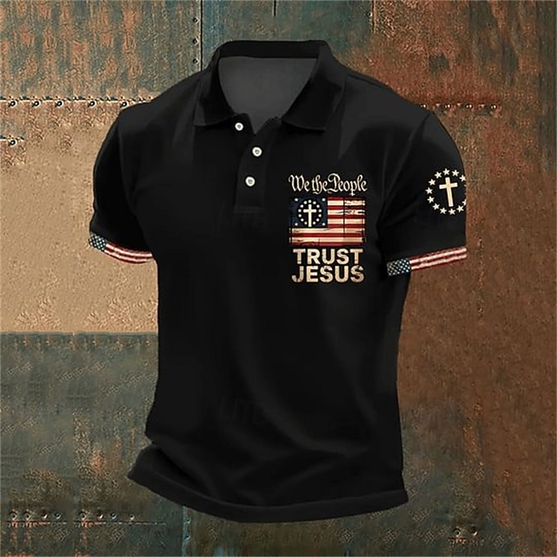 American Independence Day Men's American US Flag Polo Shirts Button Up Polos Golf Shirt Short Sleeve Polo Shirts Lapel Fashion Casual Daily Festival Print Summer Black White Red2