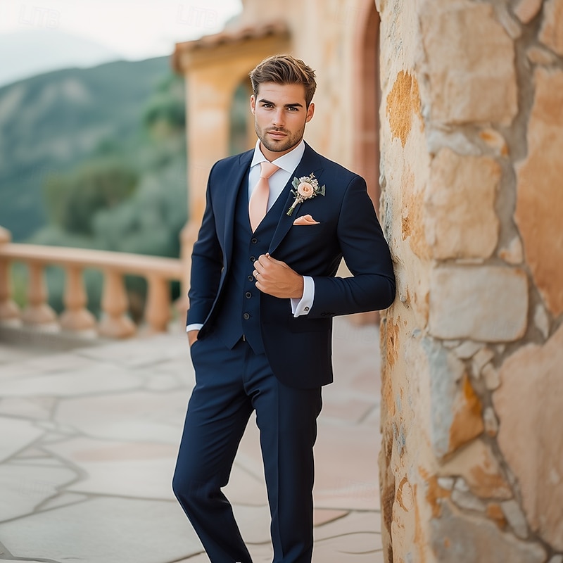 Men's Wedding Party Suits Notch Lapel Navy Blue Fashion Formal Solid Colored Standard Fit 3 Piece Single Breasted One-button3
