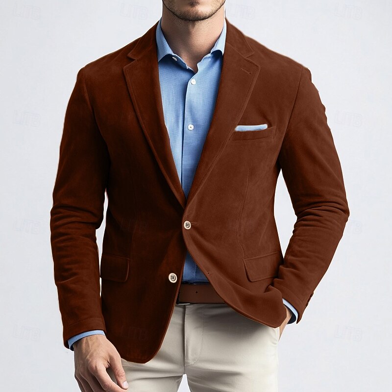 Men's Blazer Jacket Work Street Fashion Casual Fall / Winter Faux Suede Plain Pocket Buttons Comfortable Single Breasted Blazer Navy Blue Brown Green khaki4
