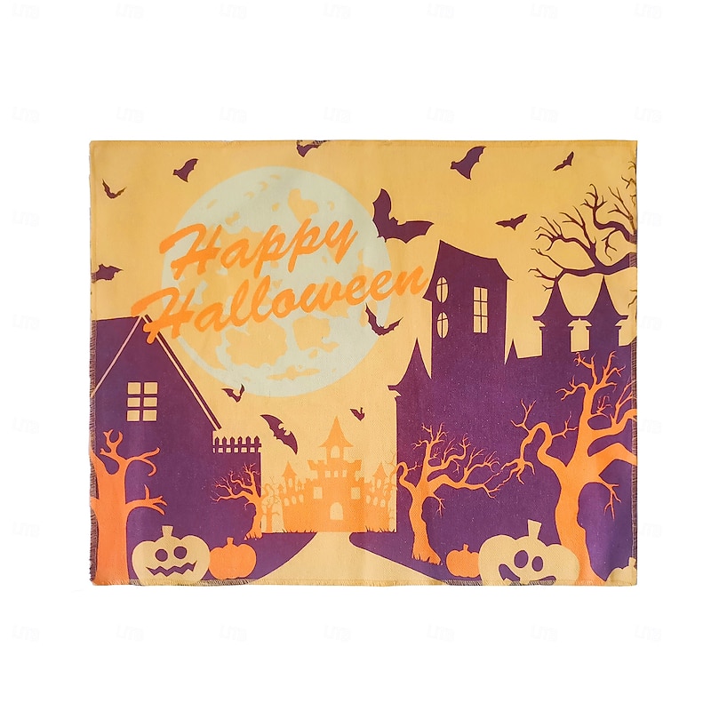 Halloween Placemats, Rectangle Easy Care Cotton Linen Place Mat, Decorative Table Mat for Party Holiday Everyday Use 4 Pieces, Witches Hat Spooky Pumpkins Magical Night Autumn4